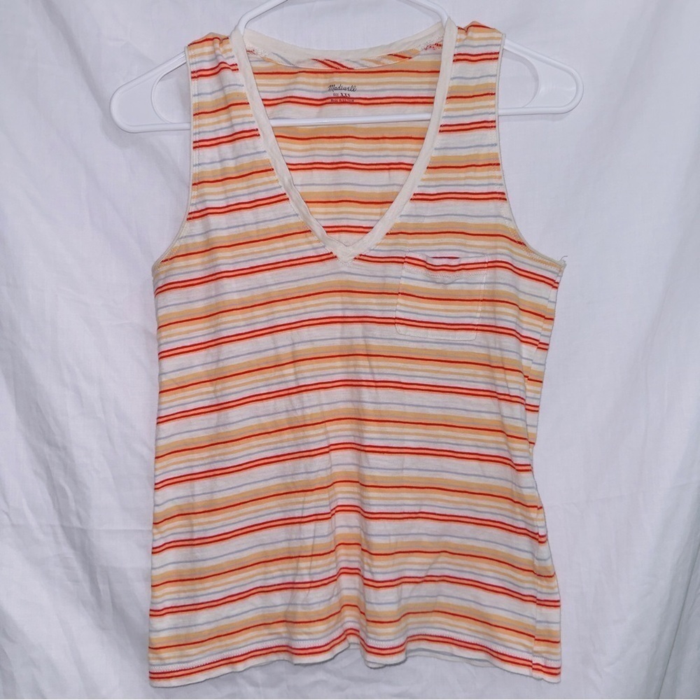 Madewell Sleeveless Whisper Cotton V Neck Pocket Tank in Stripes size XXS